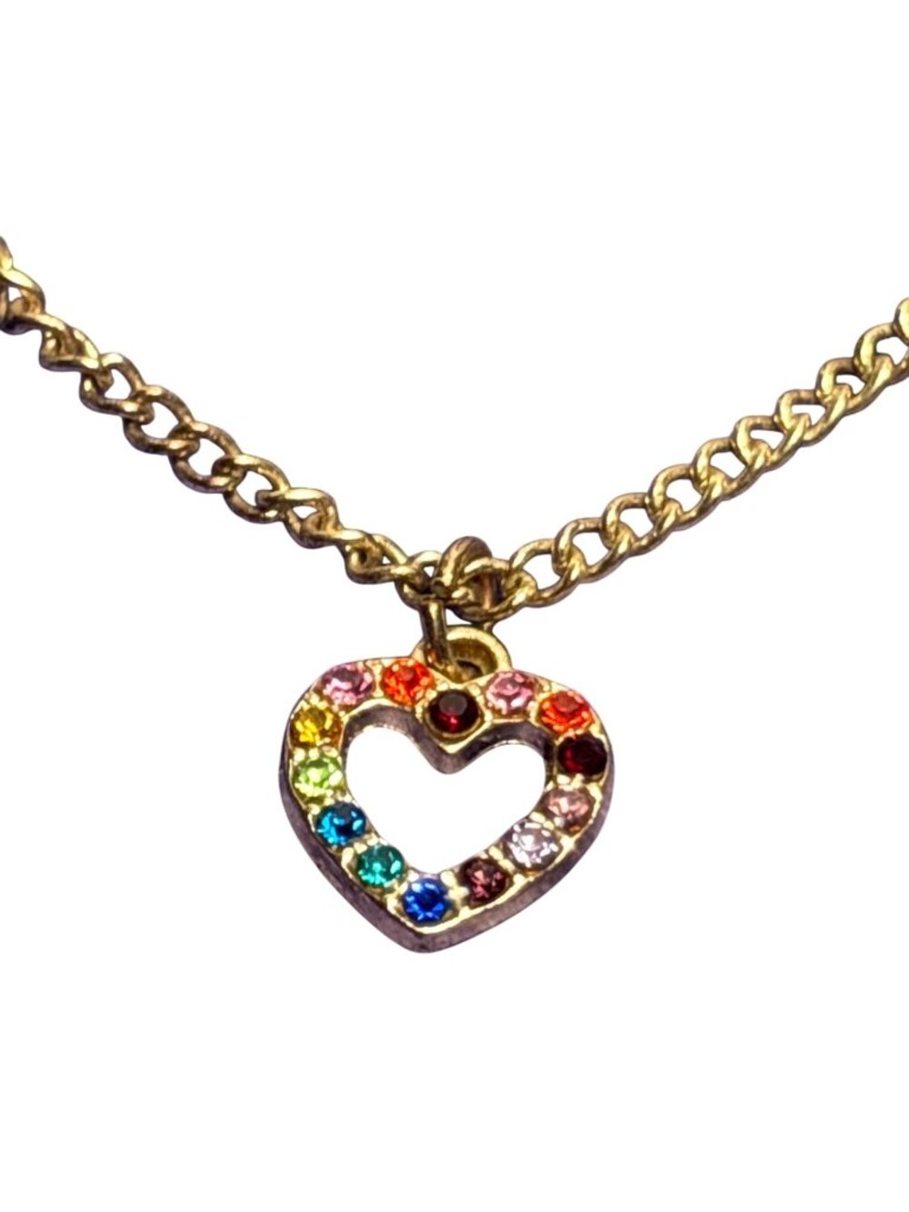 Colorful Rainbow Rhinestone Heart Pendant Necklace Goldtone Lobster Clasp